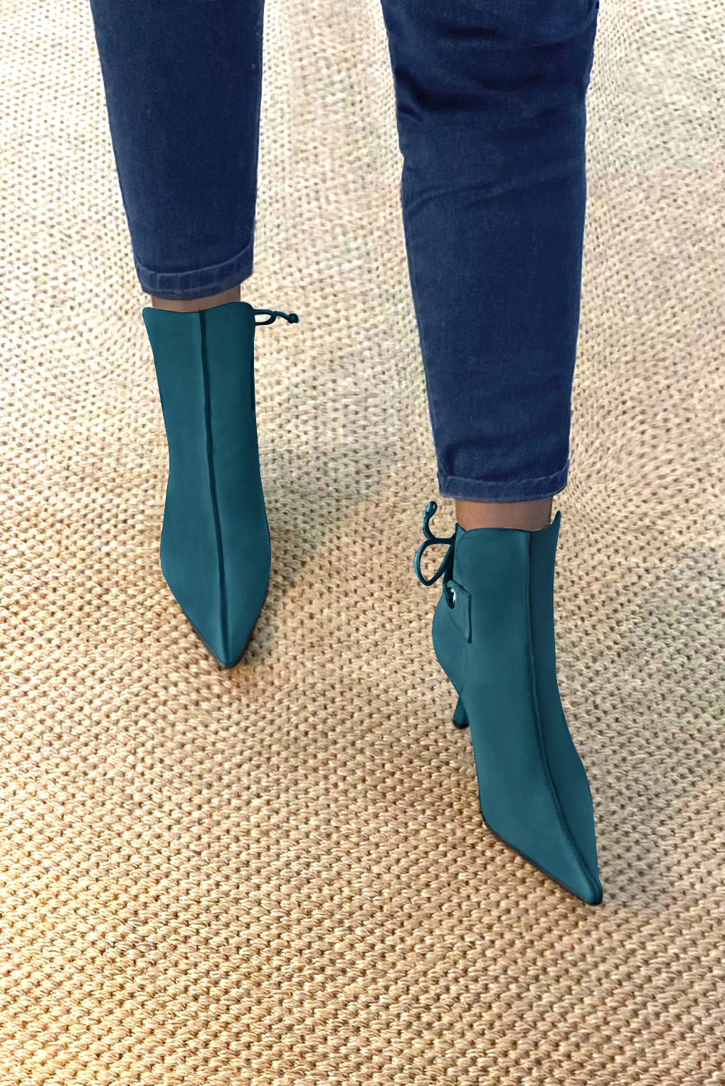 Peacock blue women's ankle boots with laces at the back. Pointed toe. High slim heel. Worn view - Florence KOOIJMAN